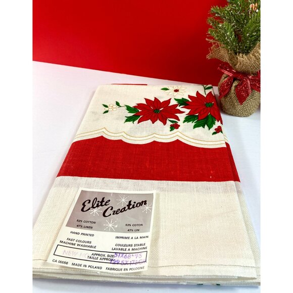 Retro Hand Printed ‘New Noel’ Pattern Tablecloth by Elite Creation ~ Poinsettias - Picture 2 of 10